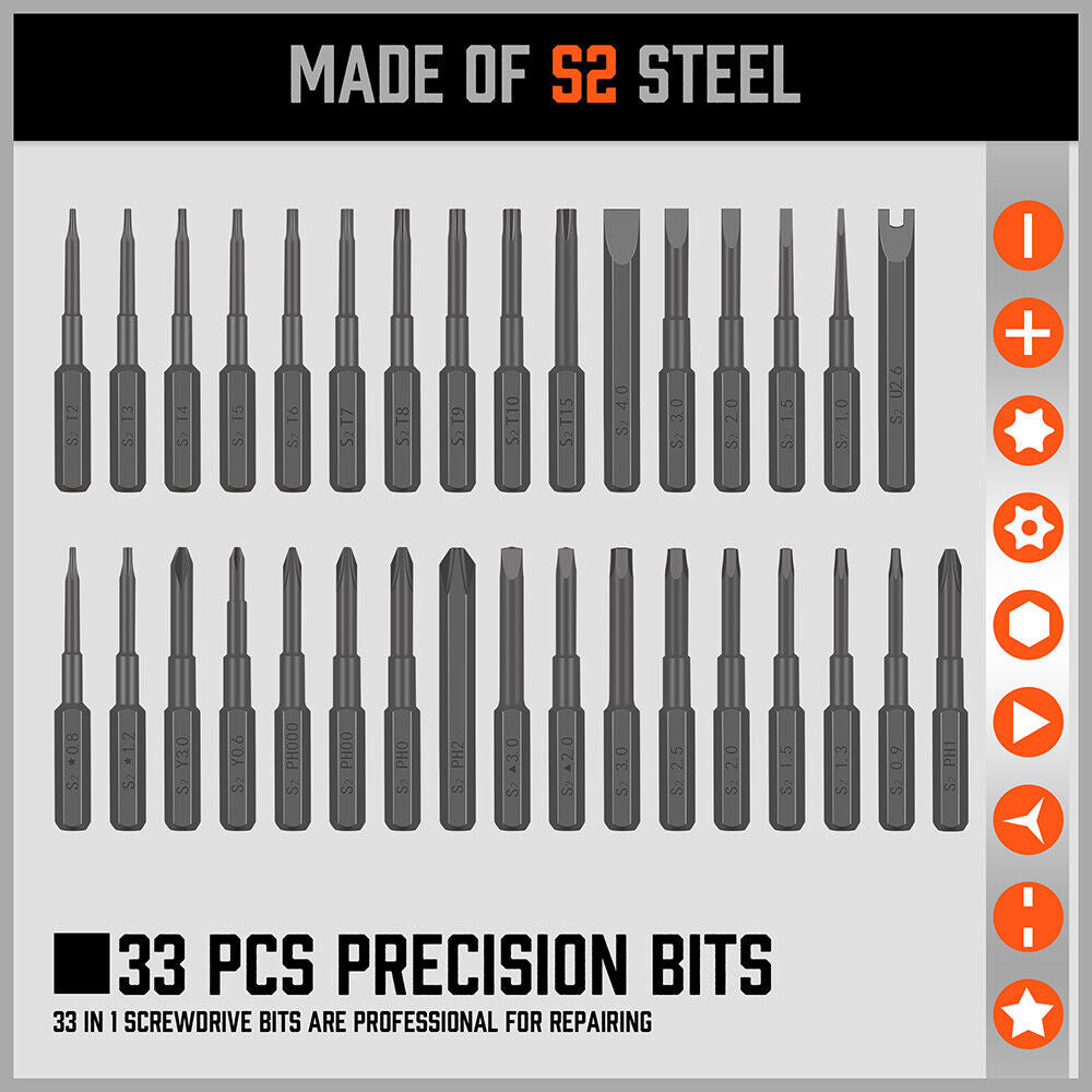 33 PC PRECISION SCREWDRIVER BITS PHILIP FLAT SLOTTED TORx HEx