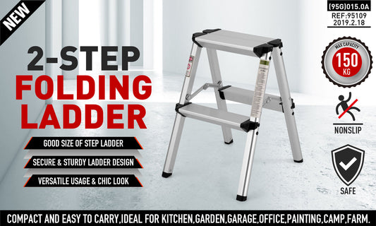 2-Step Portable Folding Ladder, Aluminum Frame Lightweight Home Ladder with