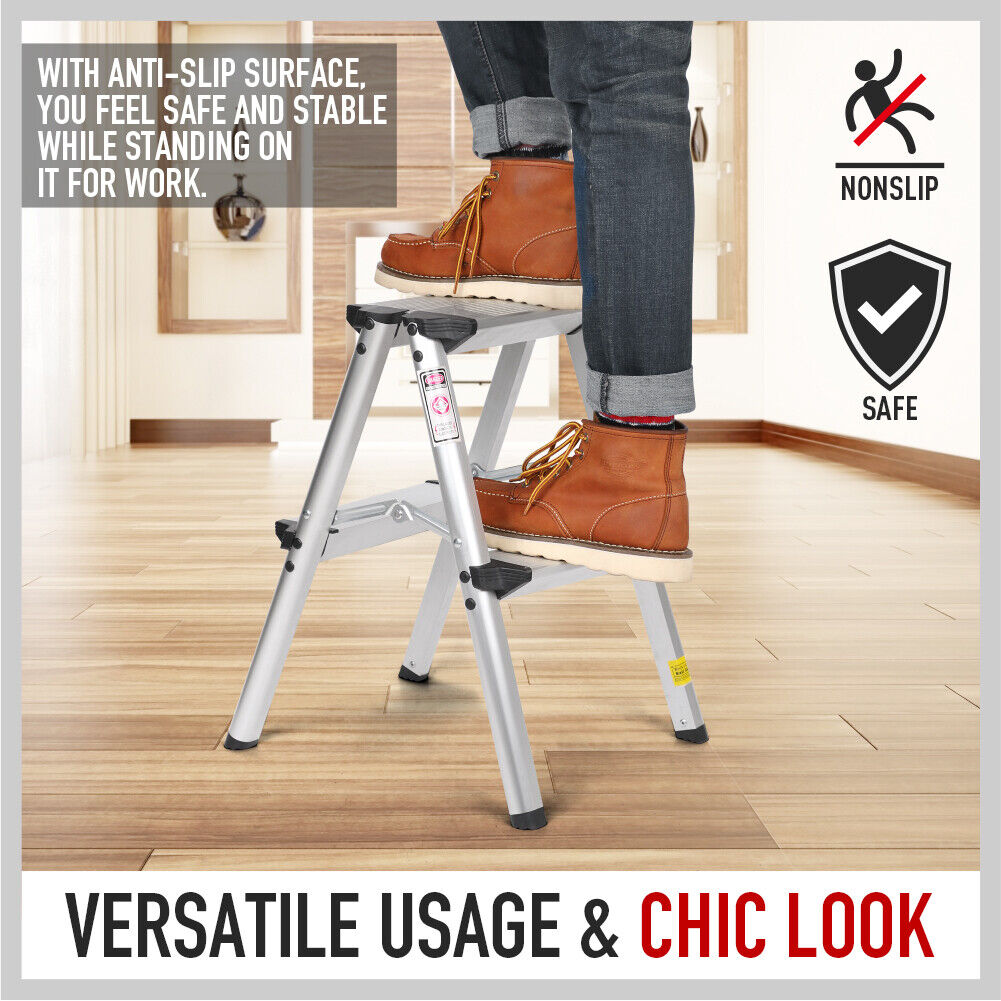 2-Step Portable Folding Ladder, Aluminum Frame Lightweight Home Ladder with