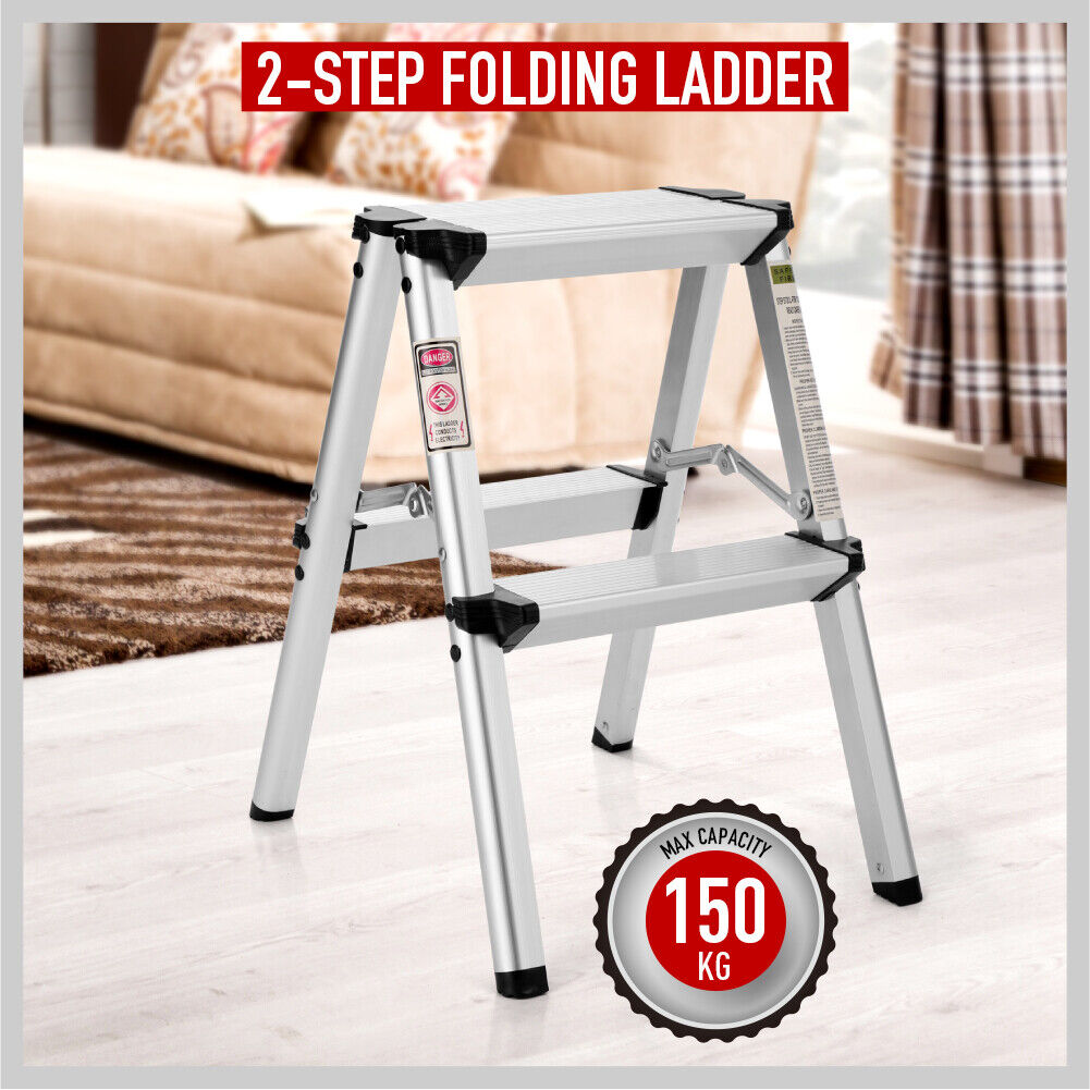 2-Step Portable Folding Ladder, Aluminum Frame Lightweight Home Ladder with