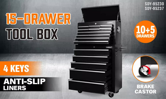 Black15 Drawer Tool Box Trolley Cabinet Storage Cart Garage Toolbox