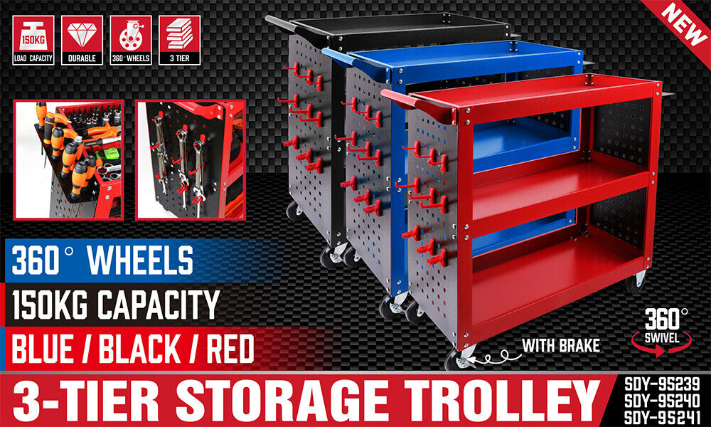 3-Tier Heavy-Duty Steel Tool Trolley - Workshop Cart with Pegboard,