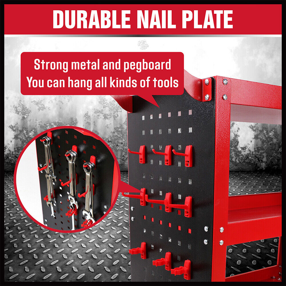 3-Tier Heavy-Duty Steel Tool Trolley - Workshop Cart with Pegboard,