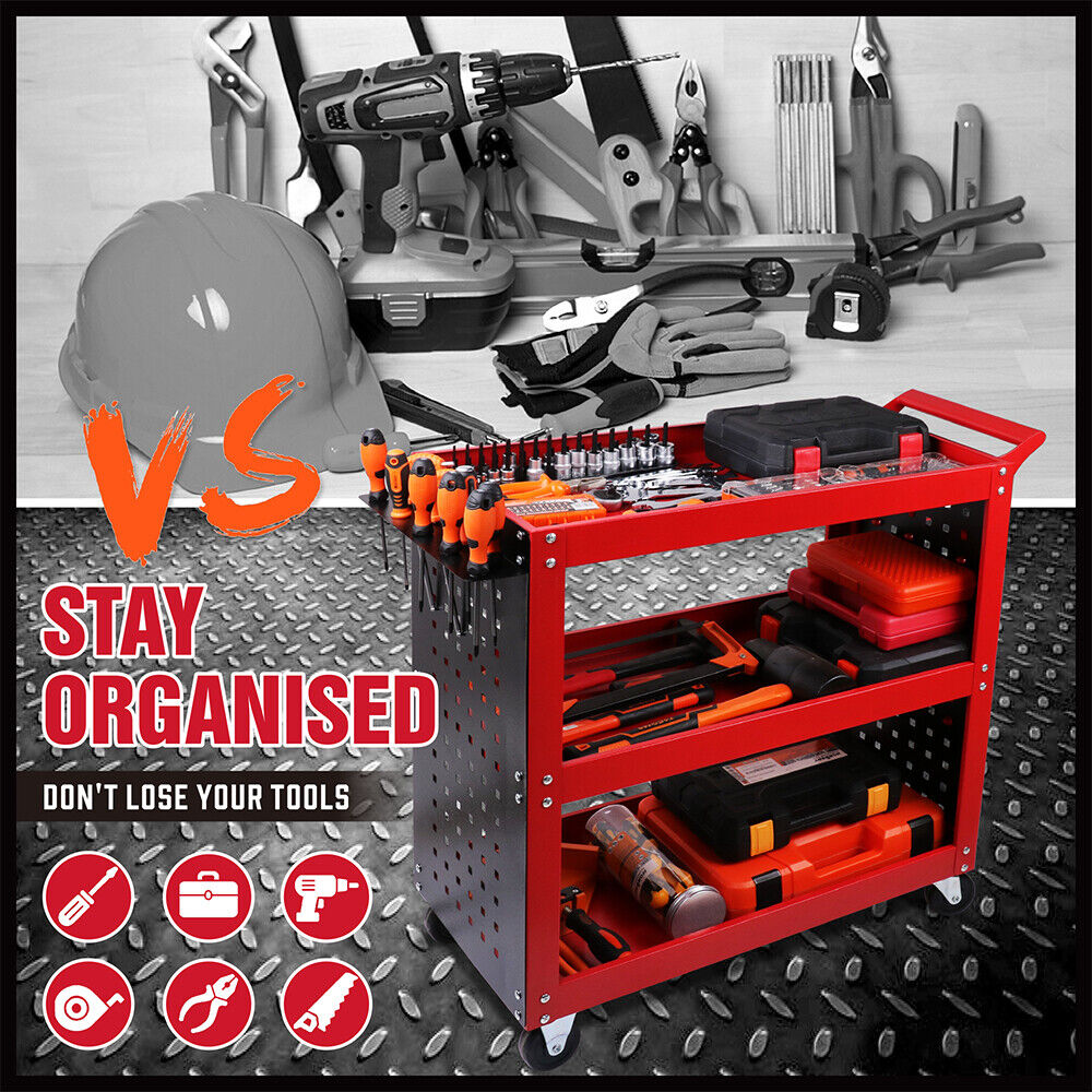 3-Tier Heavy-Duty Steel Tool Trolley - Workshop Cart with Pegboard,