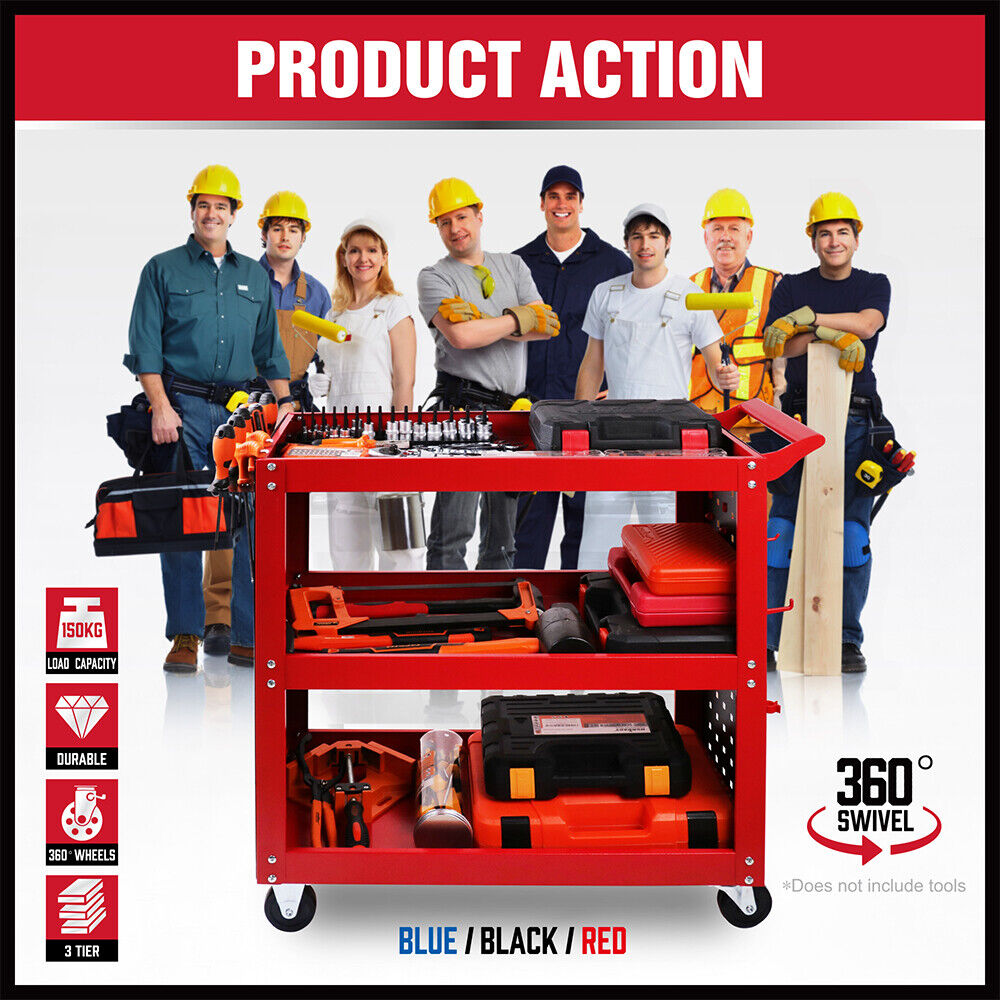 3-Tier Heavy-Duty Steel Tool Trolley - Workshop Cart with Pegboard,