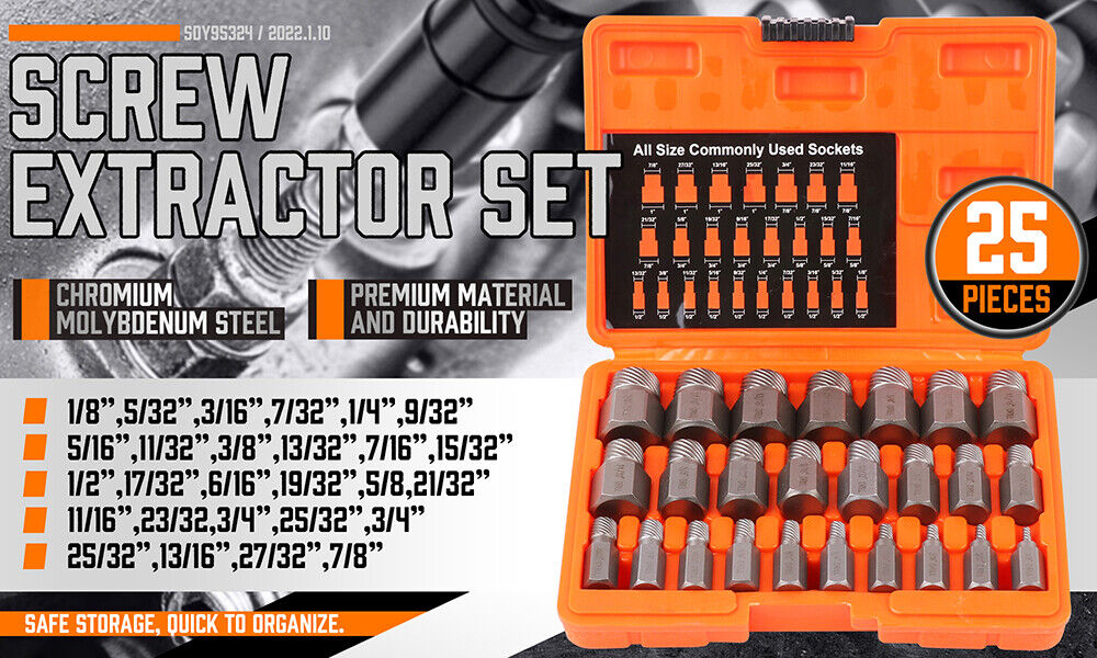 25Pack Screw Extractor Multi-Spline Easy Out Broken Bolt Remover Tool