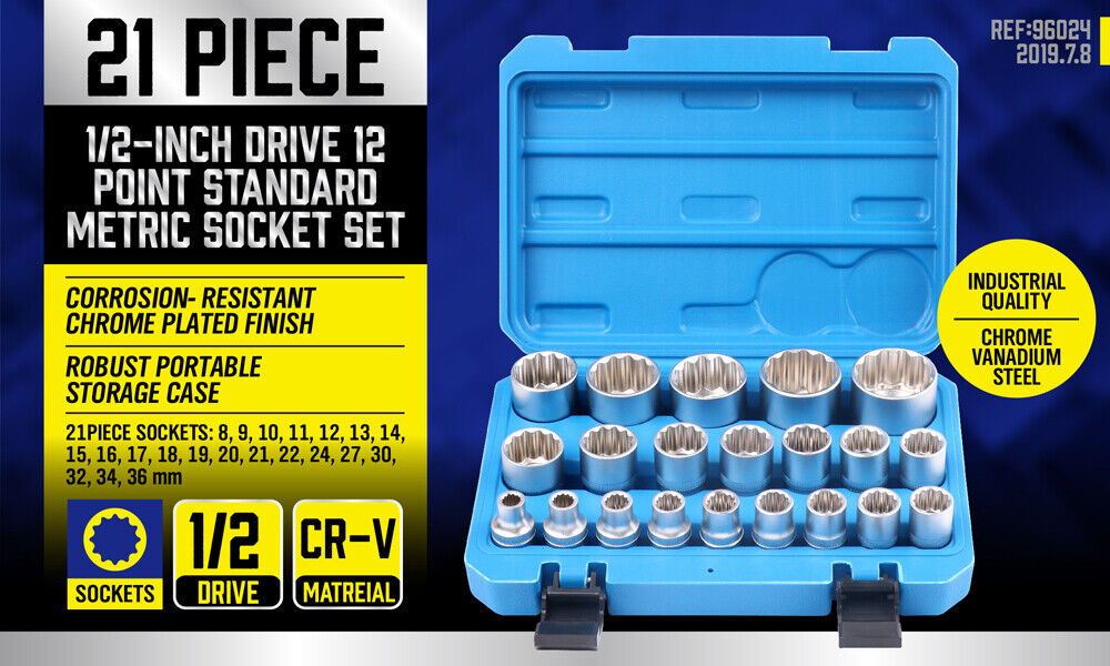 21Pack 12-Point Socket 1/2-inch Drive Grip Sleeve Storage Case Metric