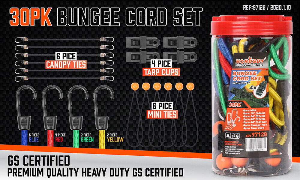 30-Piece Premium Bungee Cord Assortment Includes 10” to 40” Bungee