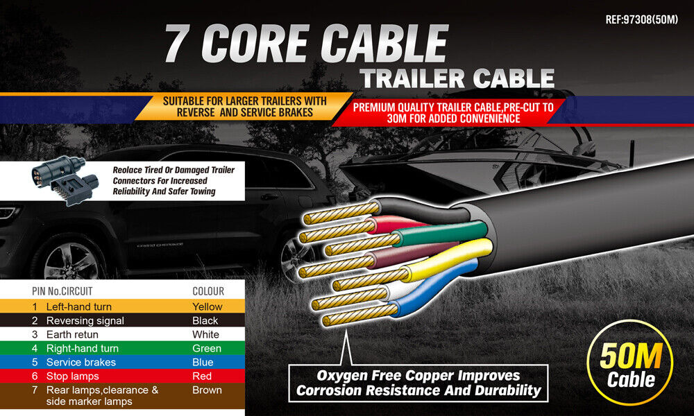 50M 7 Core Wire Cable Trailer Cable Boat Caravan Truck