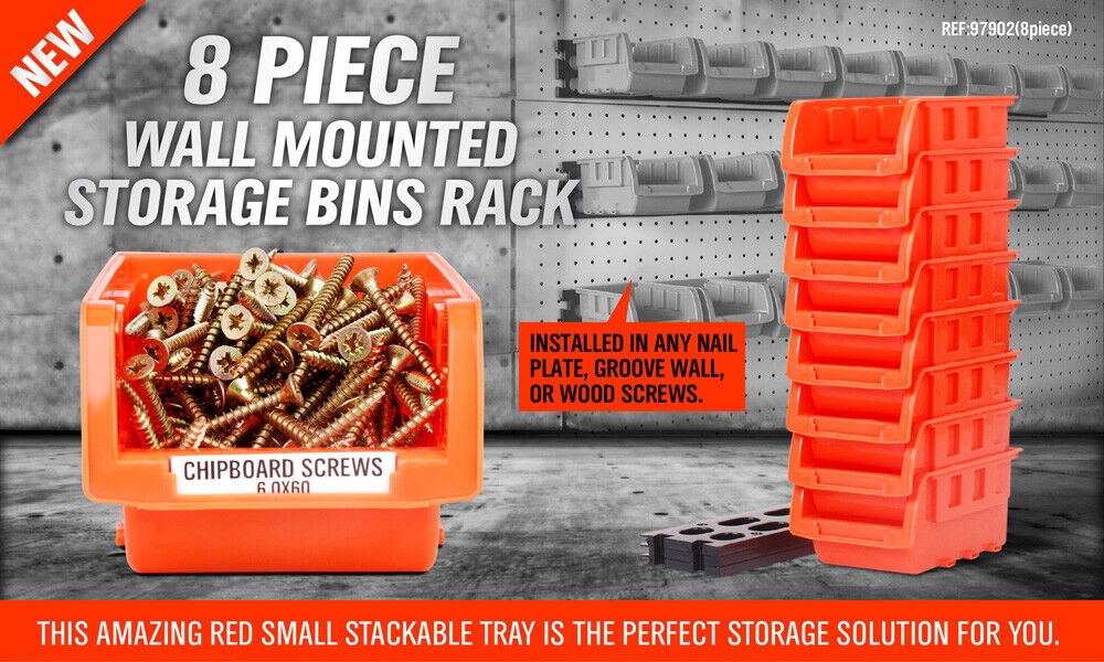 NEW 8 PC Wall Mounted Storage Bins Rack Nuts Bolts