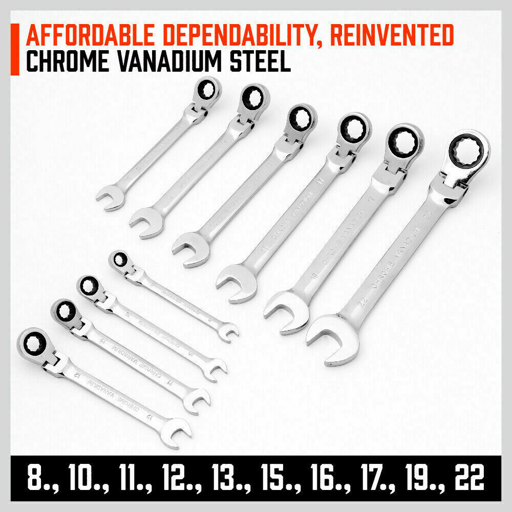 10Pack Flexible Head Ratchet Spanner Metric Wrench CRV With Carry