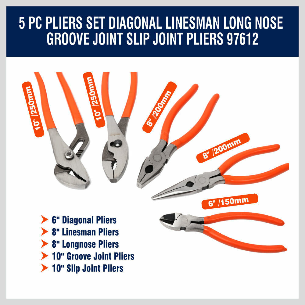5Pack Pliers Diagonal Linesman Long Nose Groove Joint Slip Joint