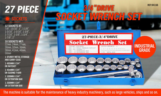27Pack Heavy-Duty Socket Wrench 3/4" Drive Metric & Imperial Extension