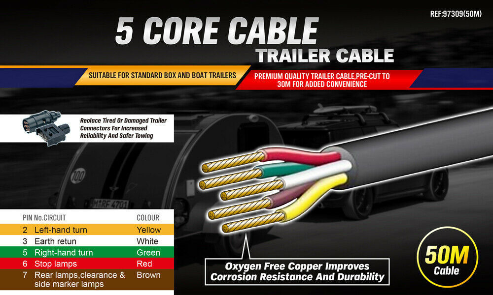 50M 5 Core Wire Cable Trailer Cable Boat Caravan Truck