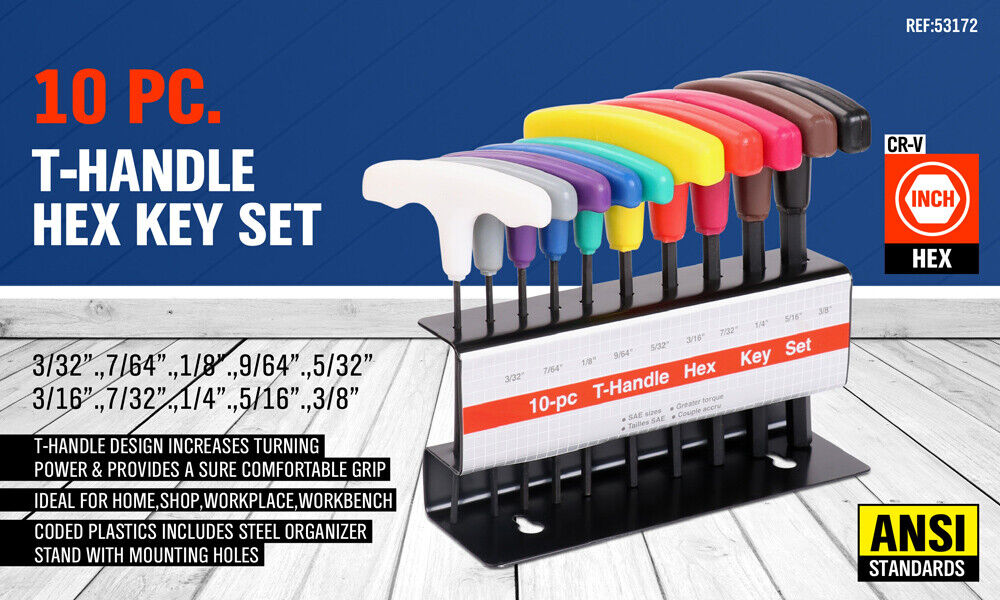 10-Piece T-Handle Hex Key Set, Allen Wrench SAE/Imperial Sizes 3/32"-3/8",
