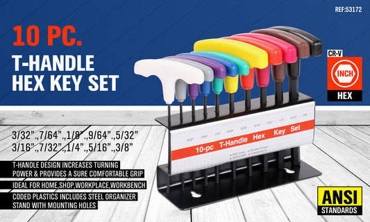 10-Piece T-Handle Hex Key Set, Allen Wrench SAE/Imperial Sizes 3/32"-3/8",