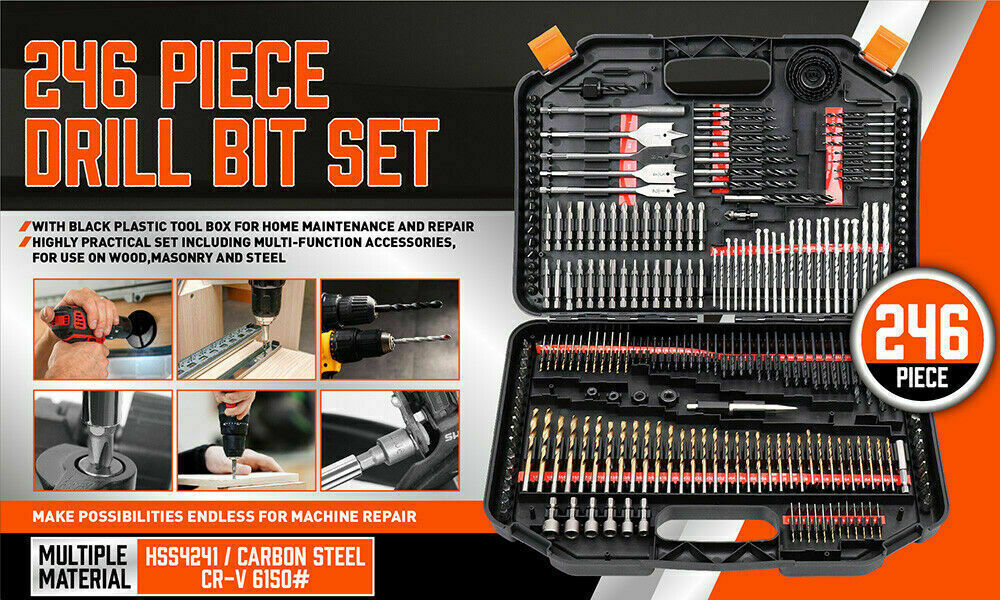 246Pack Combination Drill Bits Wood Hole Saw Metal Cement Screwdriver