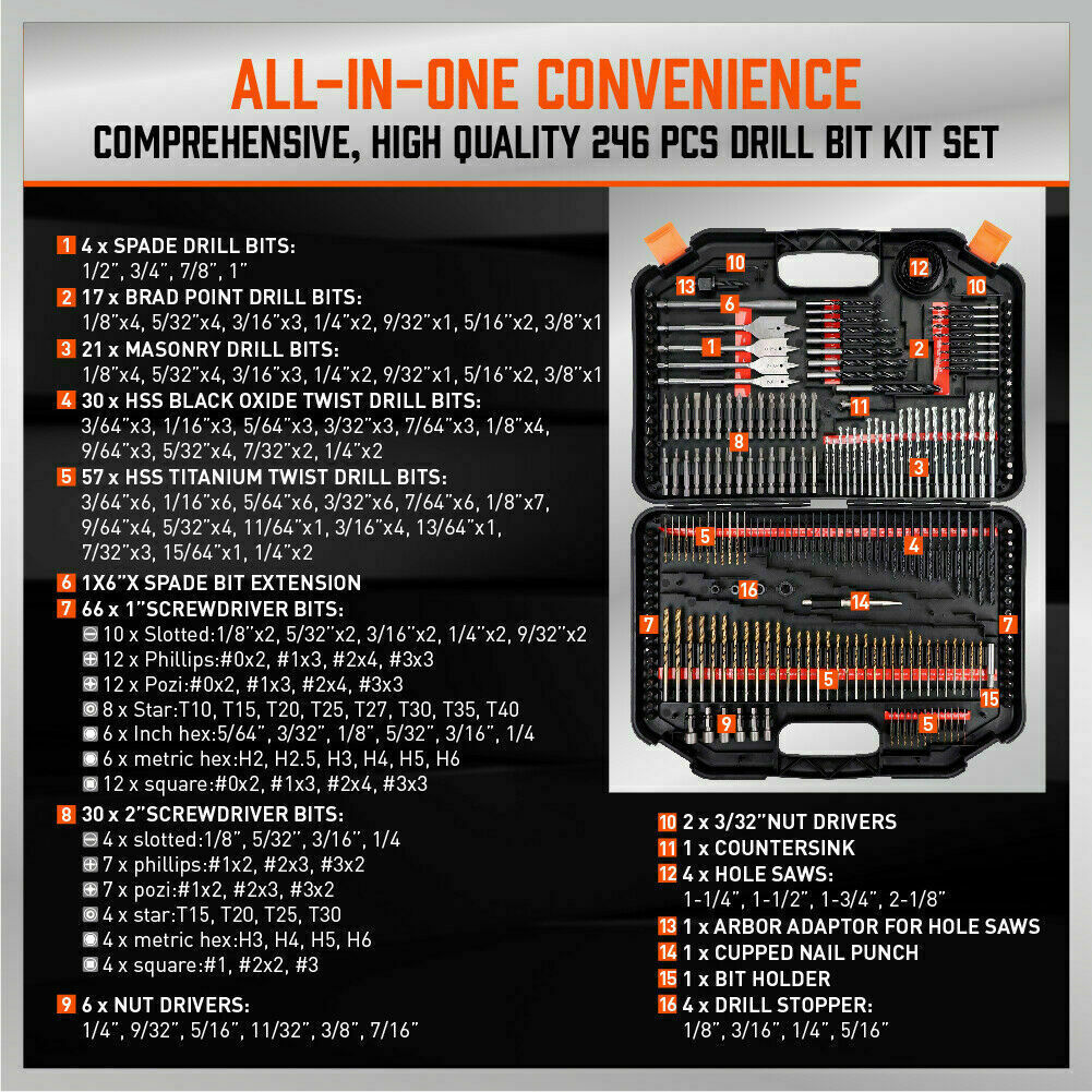 246Pack Combination Drill Bits Wood Hole Saw Metal Cement Screwdriver