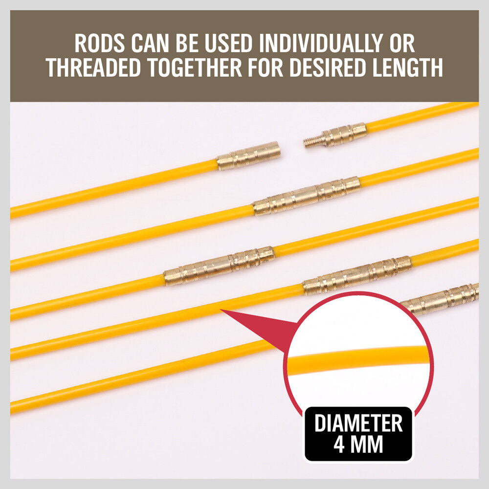 3.3m ⏀ 4mm Fibreglass Electricians Push Pull Rods Cable Cavity