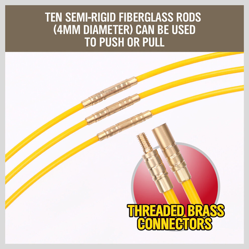 3.3m ⏀ 4mm Fibreglass Electricians Push Pull Rods Cable Cavity