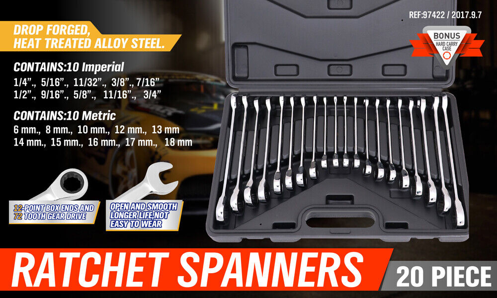 20Pack Ratchet Spanner Metric & Imperial Combination Wrench Open End