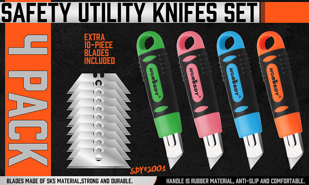 4Pack Box Cutter Snap Off Utility Knife Retractable Grip Handle