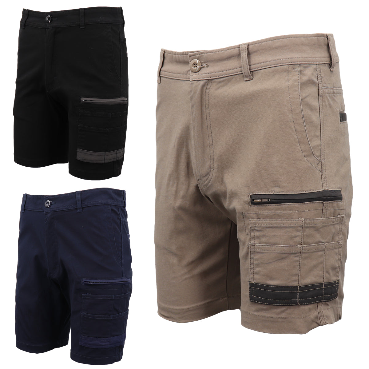 Mens Cargo Cotton Drill Work Shorts UPF 50+ 13 Pockets Tradies Workwear Trousers, Black, 36