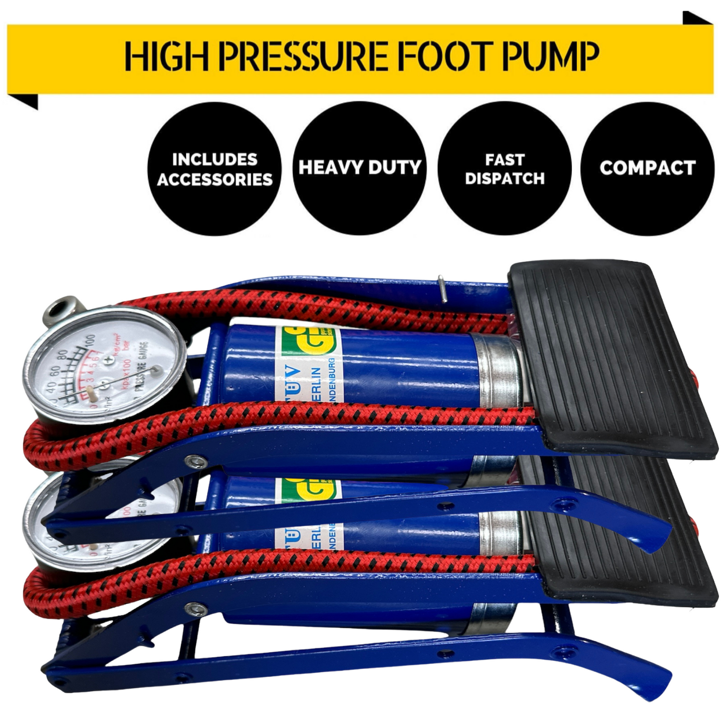 2x HIGH PRESSURE FOOT PUMP Ball Bicycle Motorbike Car tyre Inflator Tyre Air