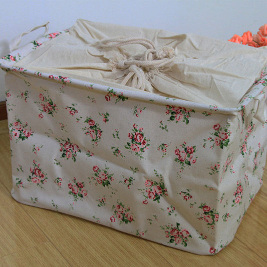 Canvas Zakka Vintage Drawstring Storage Laundry Shopping Basket Fold Bin Flower