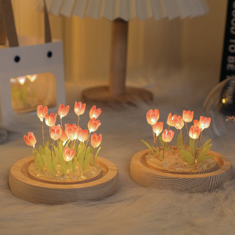 (Twenty Pink Tulips) Glowing Tulip Dome Lamp - Wooden Base, Bedside Table Decoration