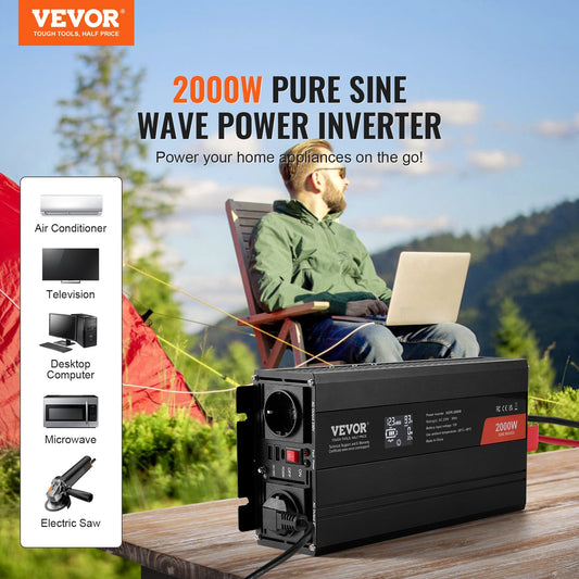 VEVOR Pure Sine Wave Inverter, 2000 Watt, Power Inverter with 2 AC Outlets 2 USB Port 1 Type-C Port, LCD Display and Remote Controller for Medium-Sized Household Equipment, CE FCC