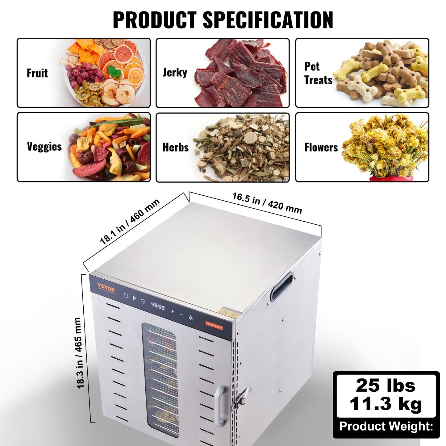 10 Trays Food Dehydrator Machine Stainless Steel 1000W