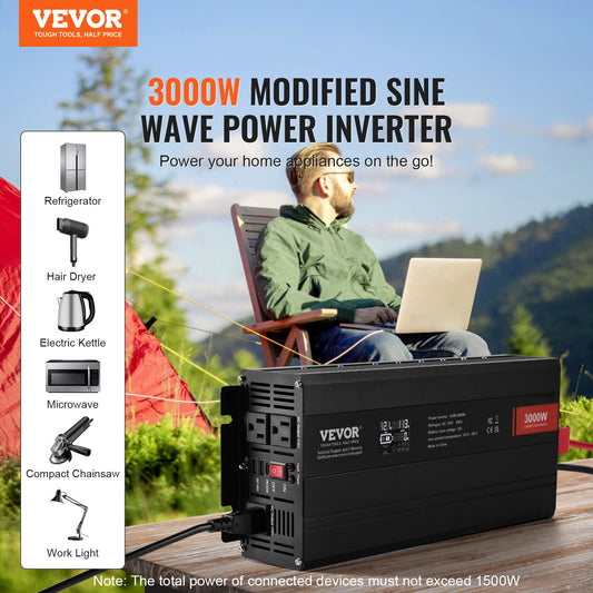 VEVOR Modified Sine Wave Inverter, 3000Watt, DC 12V to AC 230V LCD Display Power Inverter with 3 AC Outlets 2 USB Port 1 Type-C Port 10 Spare Fuses, for Large Household Equipment, CE FCC Certified