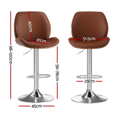 Artiss 2X Bar Stools Bentwood Adjustable Kitchen Counter Chair Leather Brown