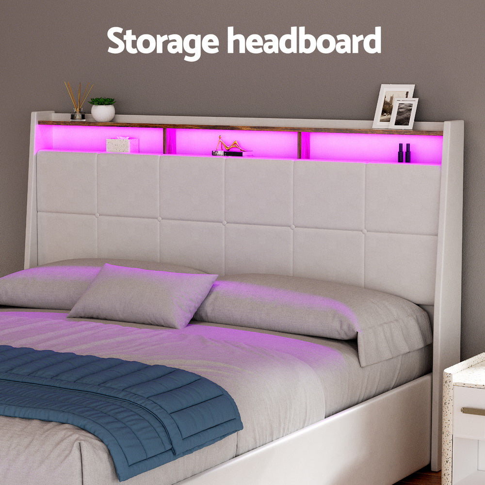 Artiss Bed Frame Gas Lift LED Beds Base Platform White PVC Leather Storage Headboard - Double