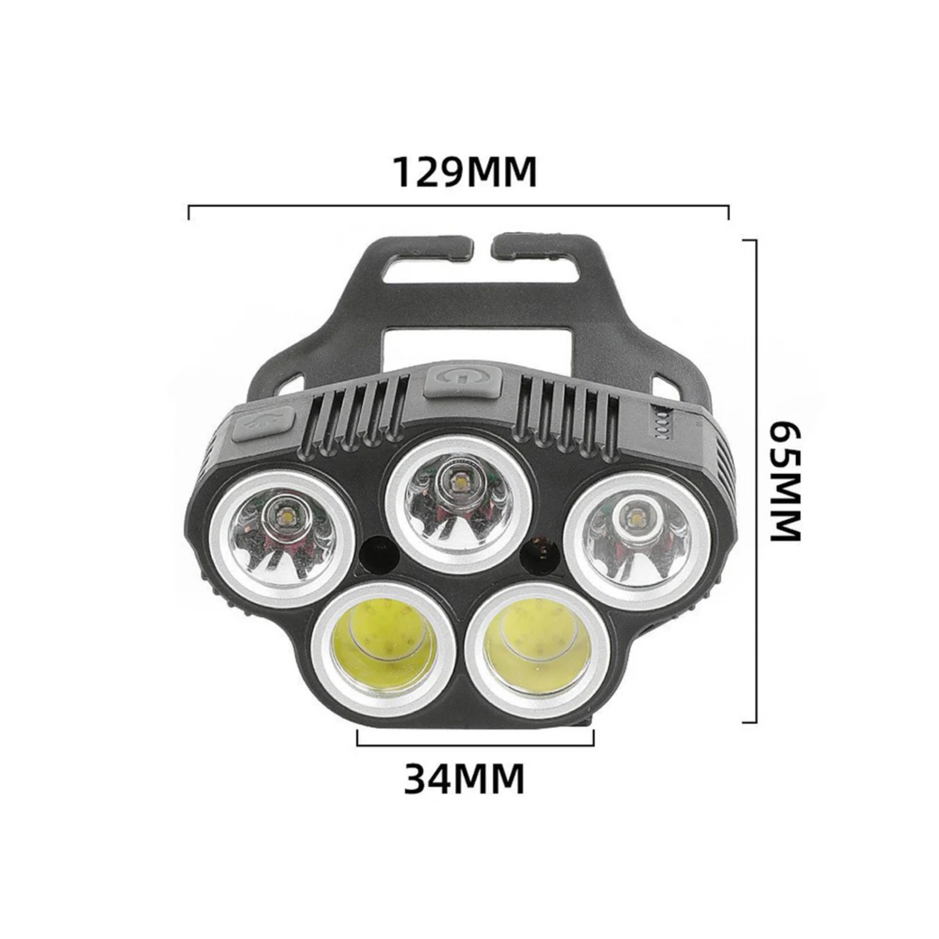 Black LED light with dimensions labeled on a white background