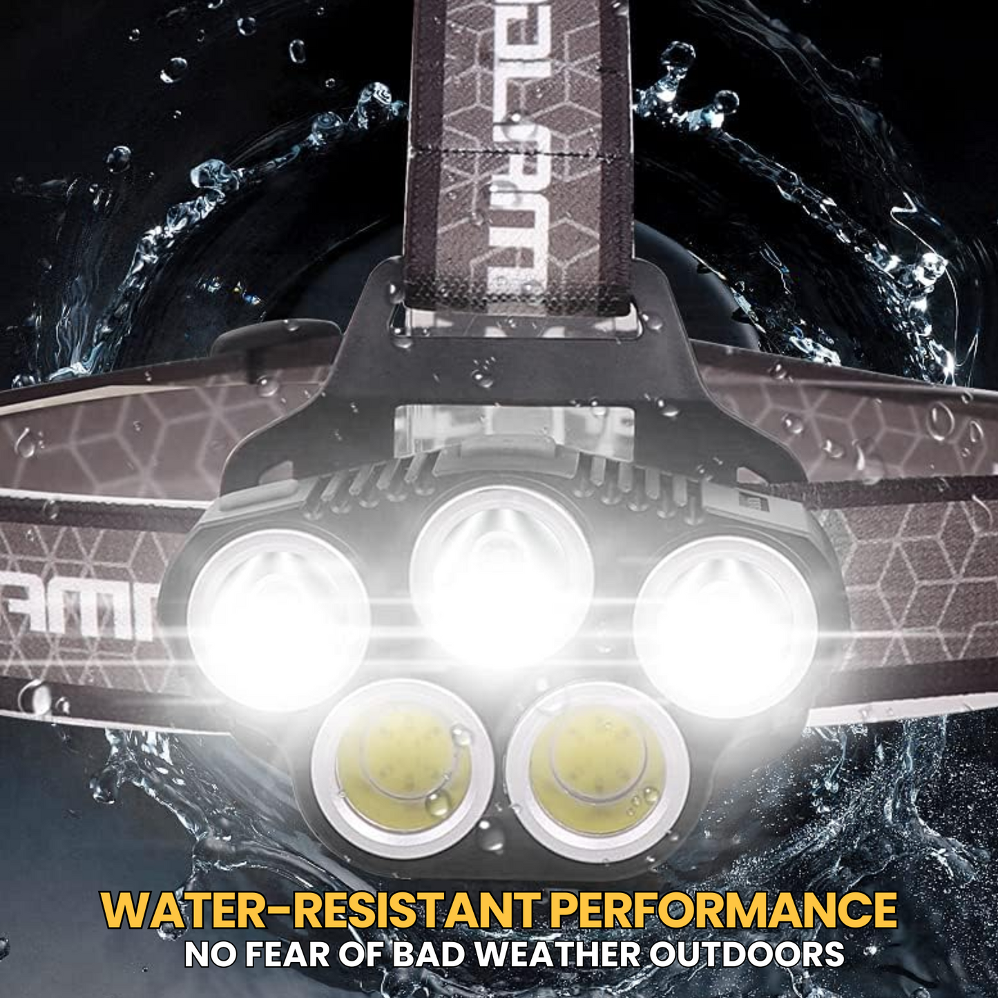 Headlamp with water-resistant design on a dark background