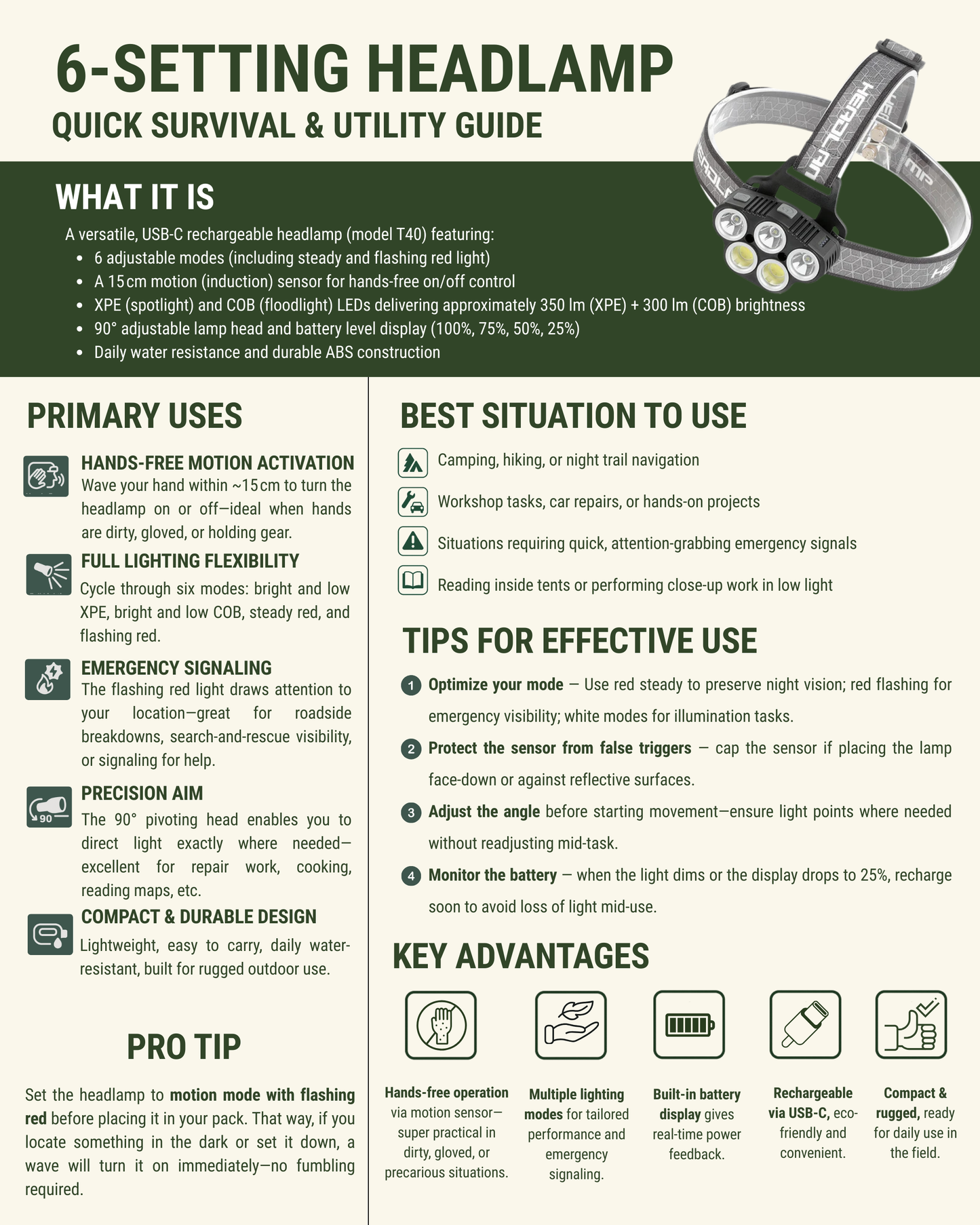 6-setting headlamp quick survival & utility guide with product image and features listed.