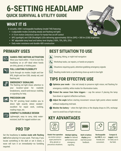 6-setting headlamp quick survival & utility guide with product image and features listed.