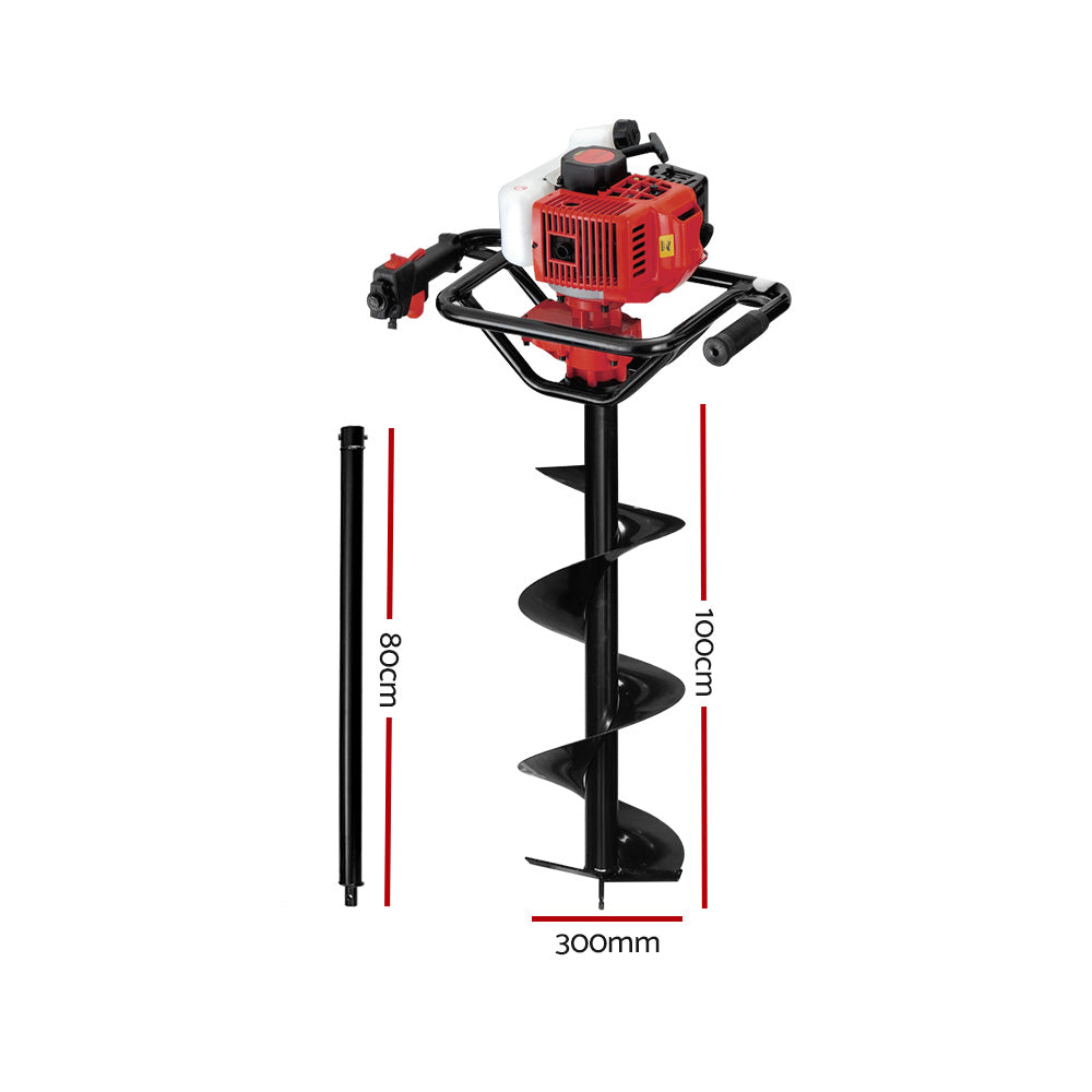 Giantz 92CC Post Hole Digger 300mm Petrol Drill Extension Bits