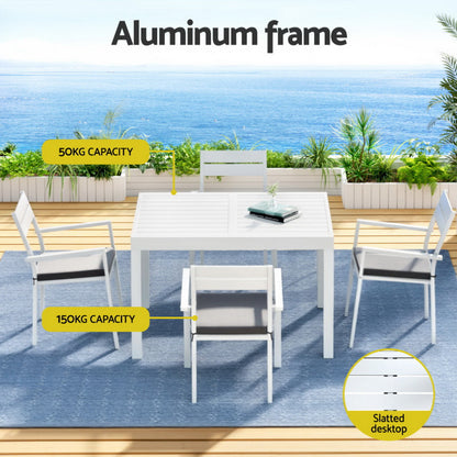 Outdoor Dining Set 5 Piece Aluminum Extendable Table Setting White