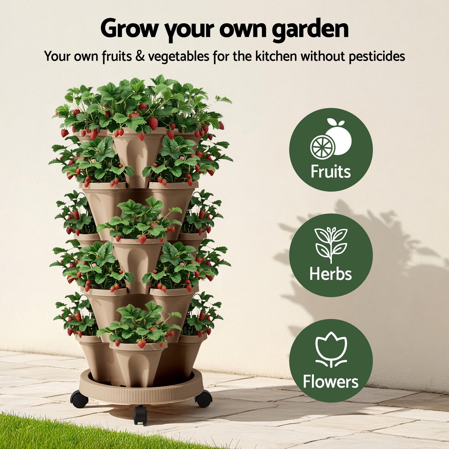 Green Fingers Garden Bed 5 Tier Vertical Garden Grey Strawberry Stackable Planters Herb Petunias Tan