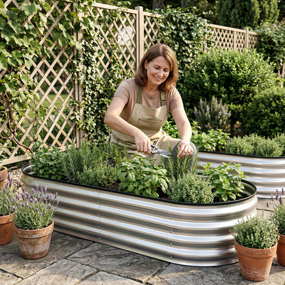 Green Fingers Raised Garden Bed Galvanised Oval Metal Planter Box Large Outdoor 150x70x30cm Silver