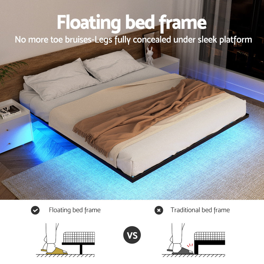 Artiss Floating Metal Bed Frame with Smart LED Lights - King
