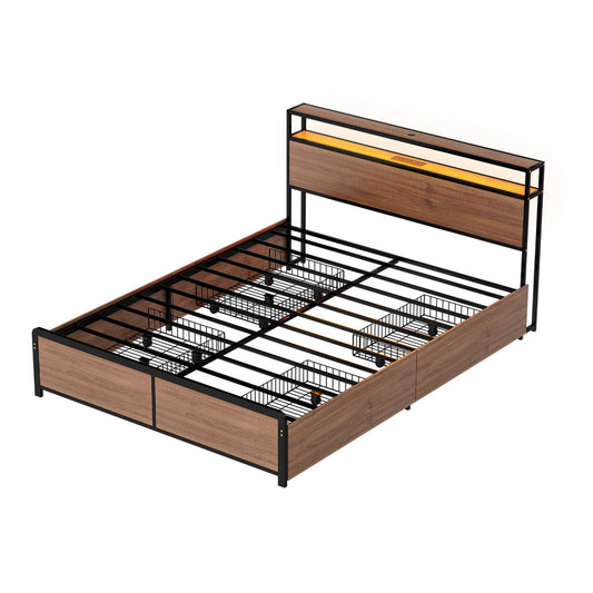 Artiss Metal Bed Frame Queen Size with 2-Tier Storage Headboard Metal Platform with 4 Storage Drawers Built in Charging Station & LED Noise-Free/Metal Support/No Box Spring Needed Vintage Brown
