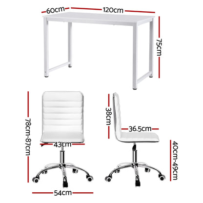 Artiss Computer Desk 120cm Executive Office Chairs Set PU Leather Low Back White