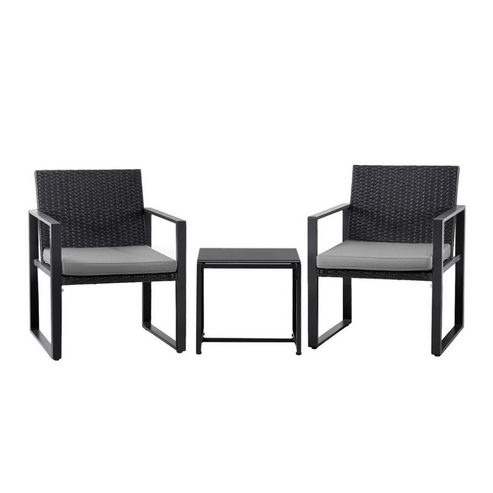 3PC Outdoor Bistro Set Patio Furniture Wicker Dining Chairs Table Cushion Black