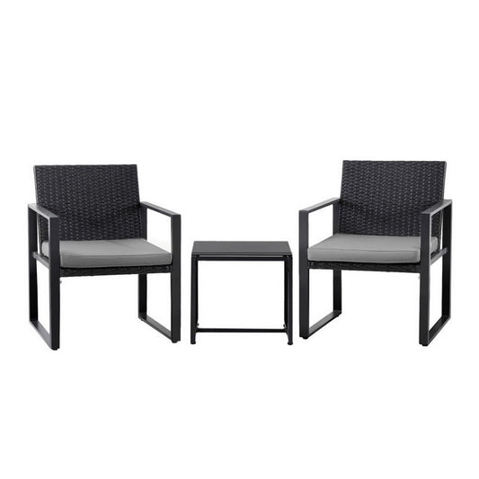 3PC Outdoor Bistro Set Patio Furniture Wicker Dining Chairs Table Cushion Black