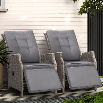 2PC Recliner Chairs Sun lounge Wicker Lounger Outdoor Furniture Adjustable Grey