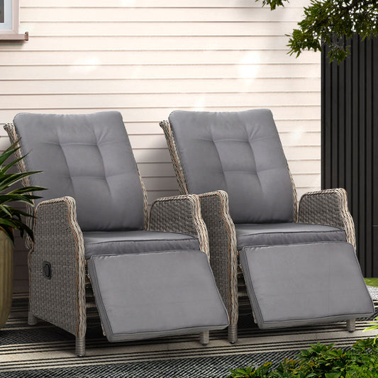 2PC Recliner Chairs Sun lounge Wicker Lounger Outdoor Furniture Adjustable Grey
